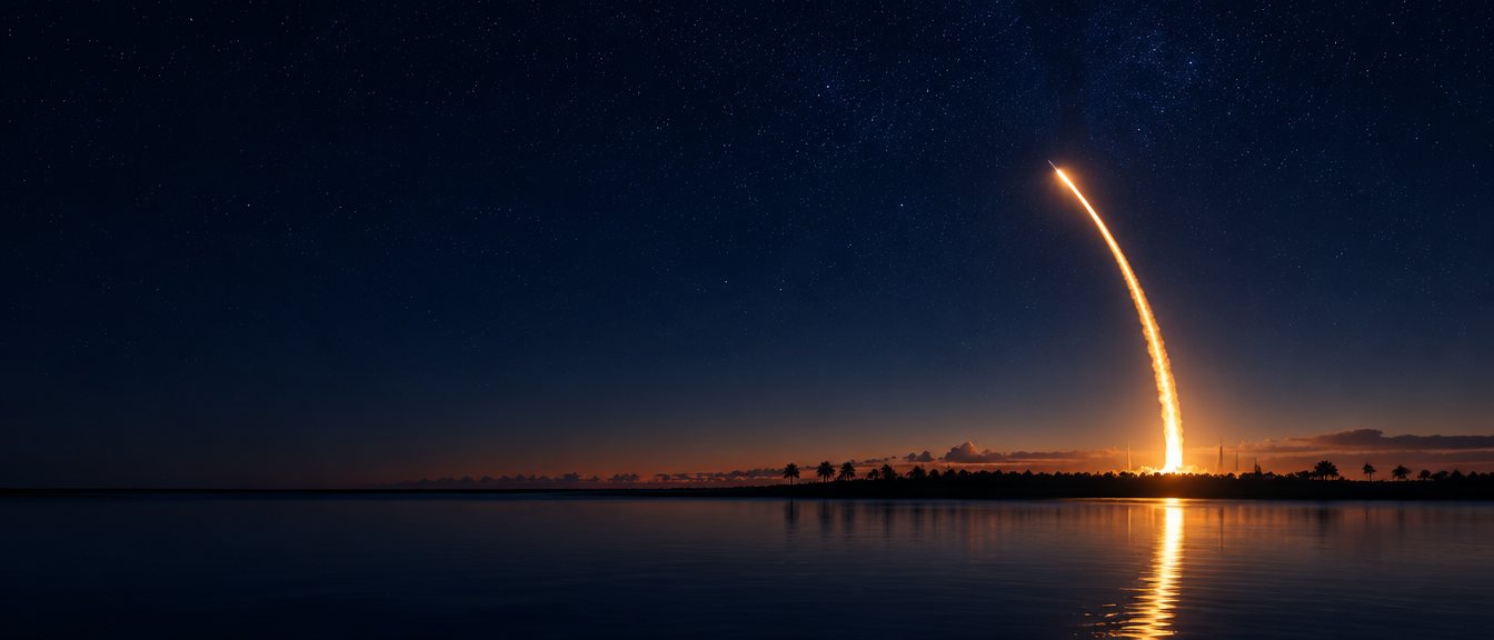 Le panache doré d'une fusée s'élève au-dessus de la Banana River avant l'aube, sur la Space Coast de Floride